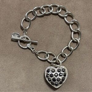 Silver Heart Charm Bracelet with Black Crystal Accents